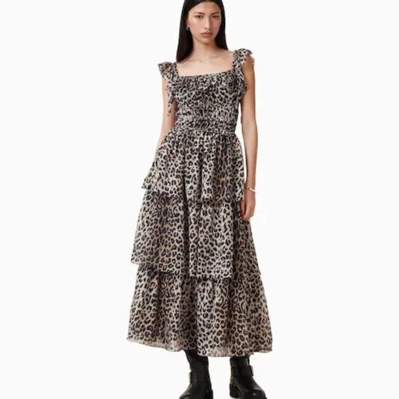 All Saints Solonda Leopard Print Chiffon Ruffle Smocked Waist Maxi Dress Size 0 - Picture 1 of 13